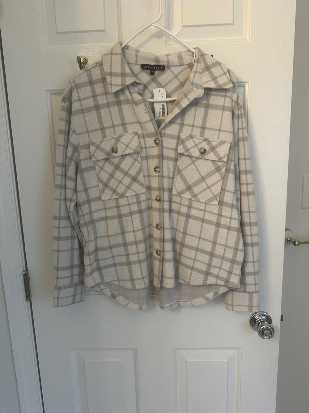 Love Ellie White and Light Grey Plaid Utility Shacket